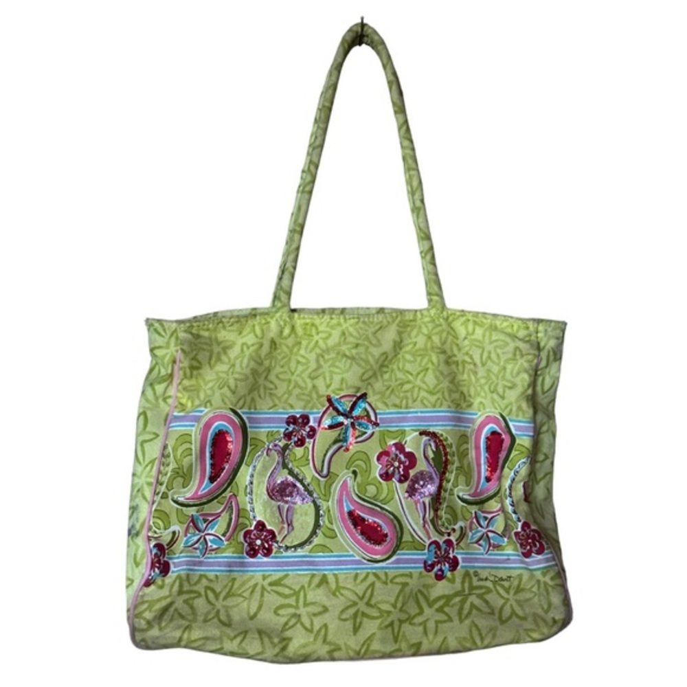 Linda Dobrott Beach Shopping Overnight Fun Flamingo Sequins Tote‎ Bag